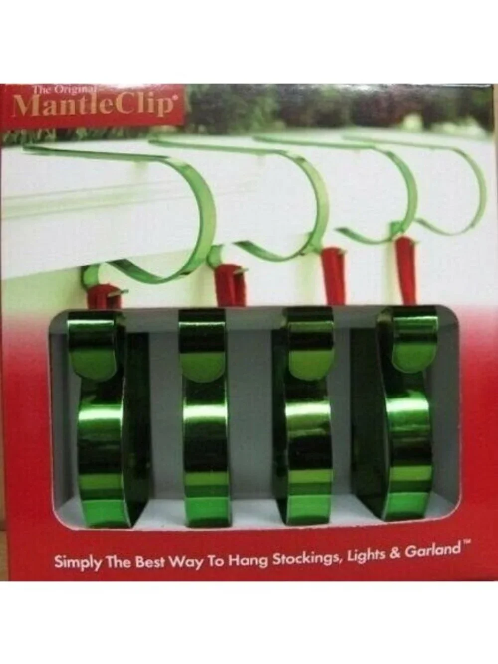 Haute The Original Mantle Clip Set 4 Green Christmas Stocking Hangers Holders